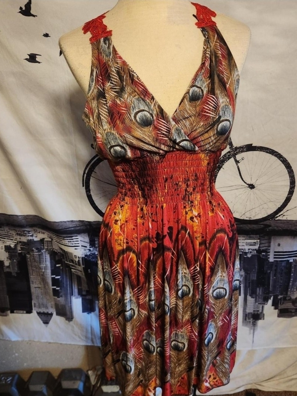 Red Feather-Print Halter Mini Dress - Unbranded